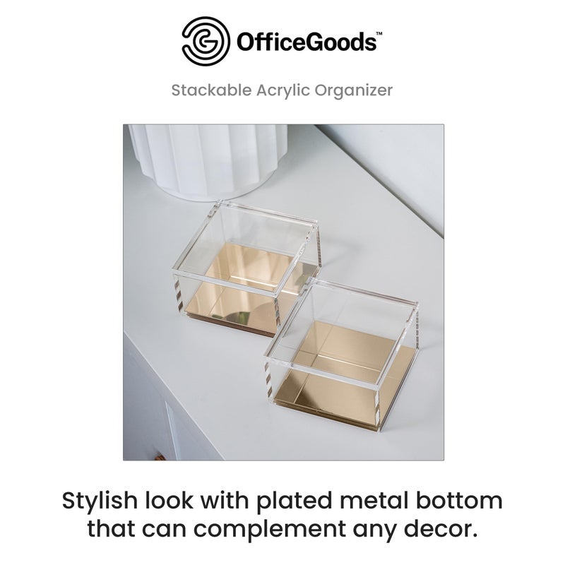 OfficeGoods 3-Tier Stackable Acrylic Holder- Stylish Desk Organizer and Storage for Office or Home â€“ Transparent Square Design with Gold Metal Base - Image 2